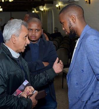 SASSFE management committee member Firoz Cachalia in discussion at the book  event